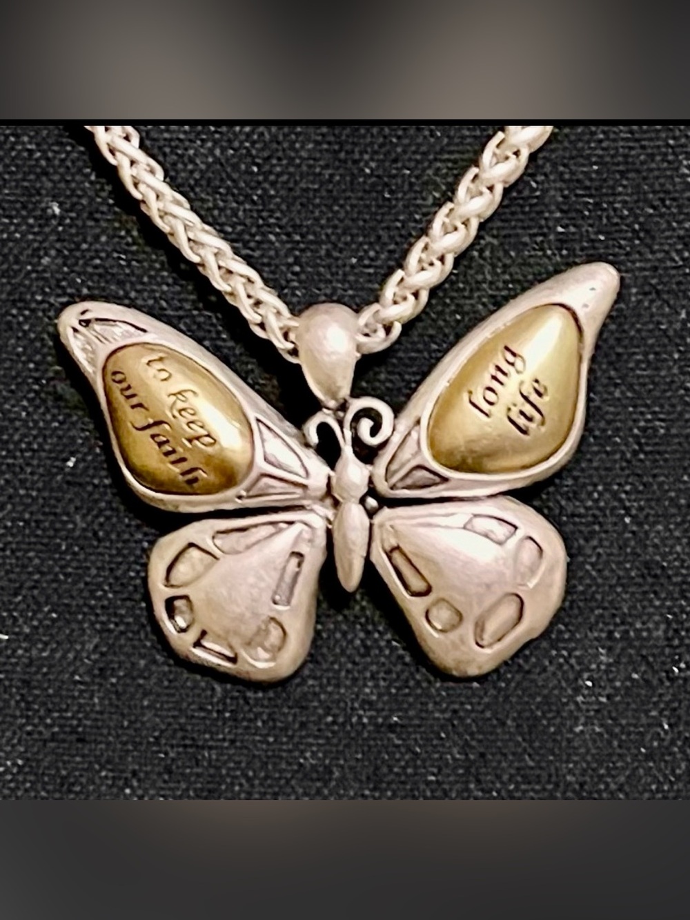 Vintage Two Tone Butterfly Pendant Necklace Faith Long Life Inspirational 18"